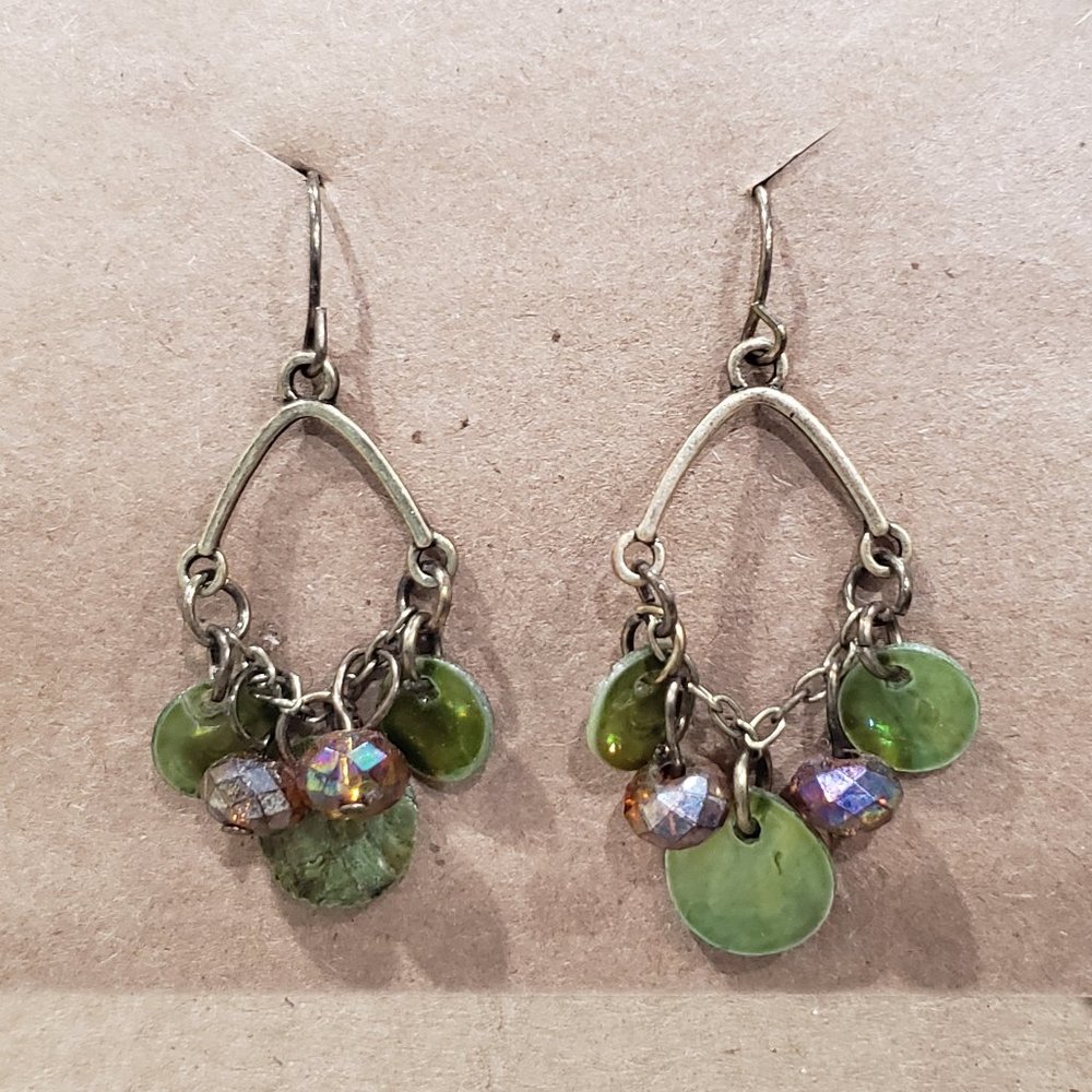 Boho green shell coin and beads dangle earrings